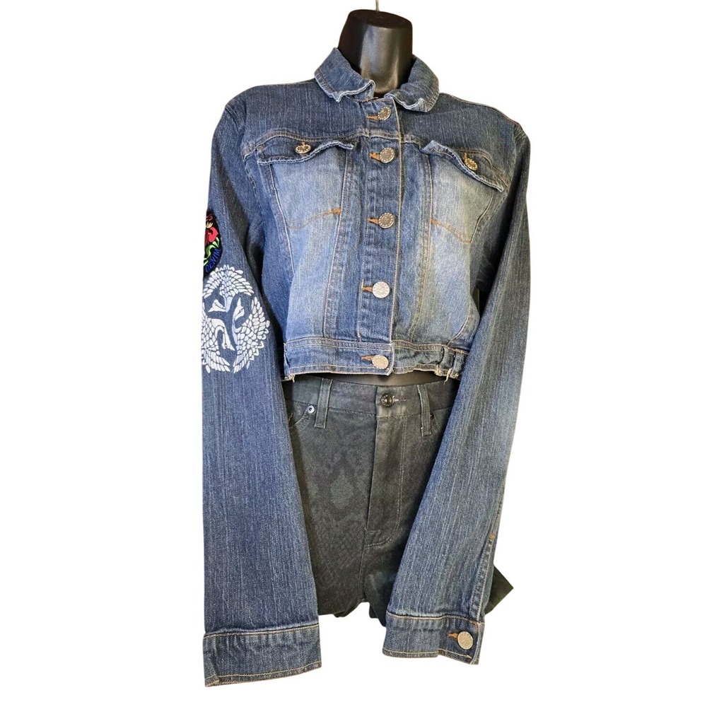 Vintage Y2K Rocawear Denim Jean Jacket Patches‎ Cropped Stretch 90s Womens 3X